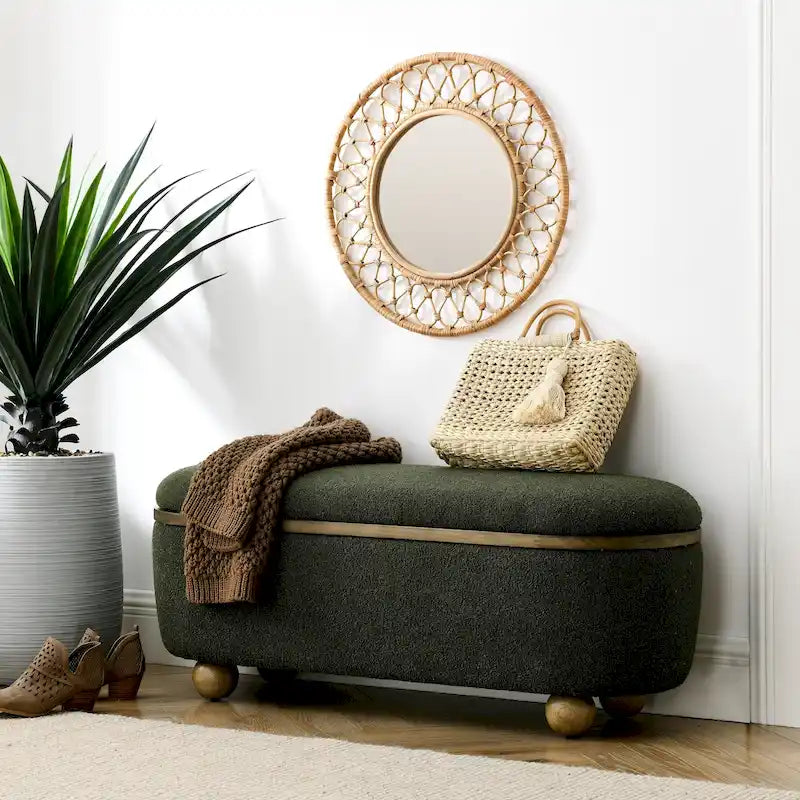 Banc de rangement ottoman en fil bouclé vert foncé avec pieds ovales en bois, pour 1 personne