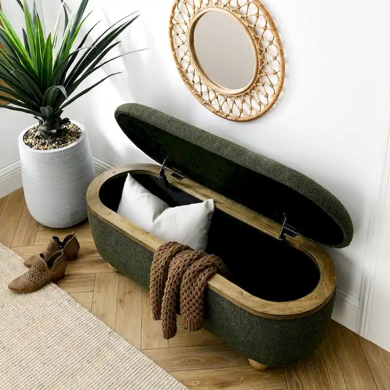 Banc de rangement ottoman en fil bouclé vert foncé avec pieds ovales en bois, pour 1 personne