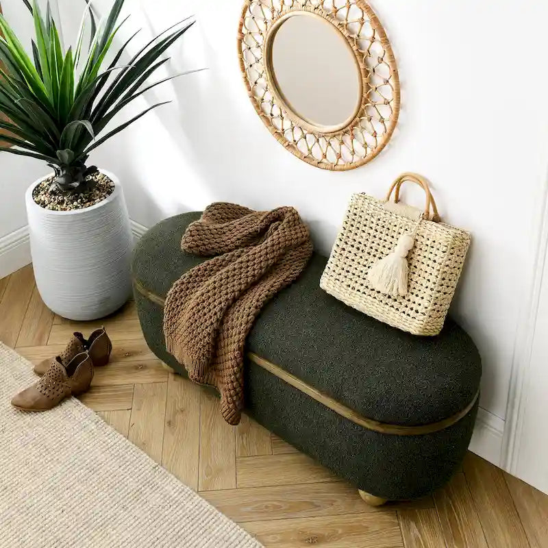 Banc de rangement ottoman en fil bouclé vert foncé avec pieds ovales en bois, pour 1 personne
