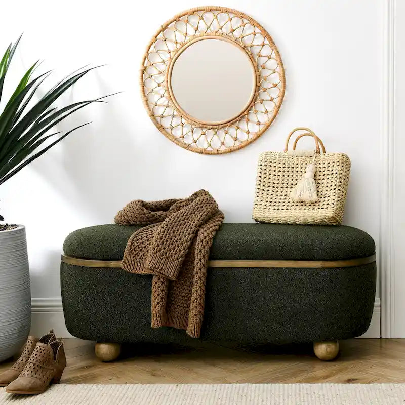 Banc de rangement ottoman en fil bouclé vert foncé avec pieds ovales en bois, pour 1 personne