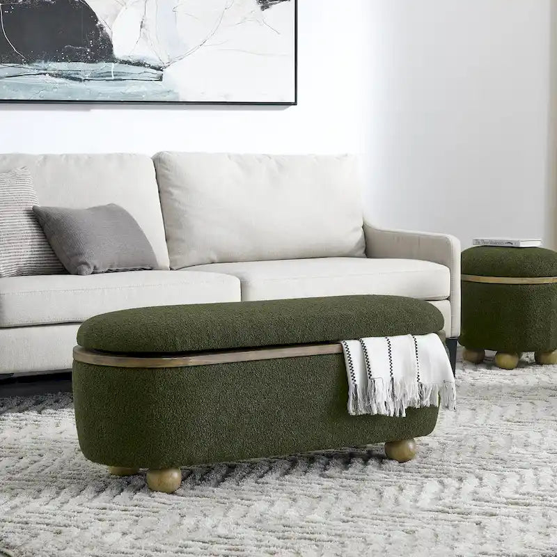 Banc de rangement ottoman en fil bouclé vert foncé avec pieds ovales en bois, pour 1 personne