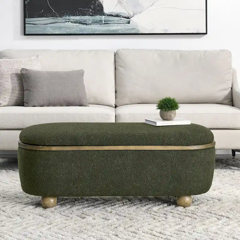 Banc de rangement ottoman en fil bouclé vert foncé avec pieds ovales en bois, pour 1 personne