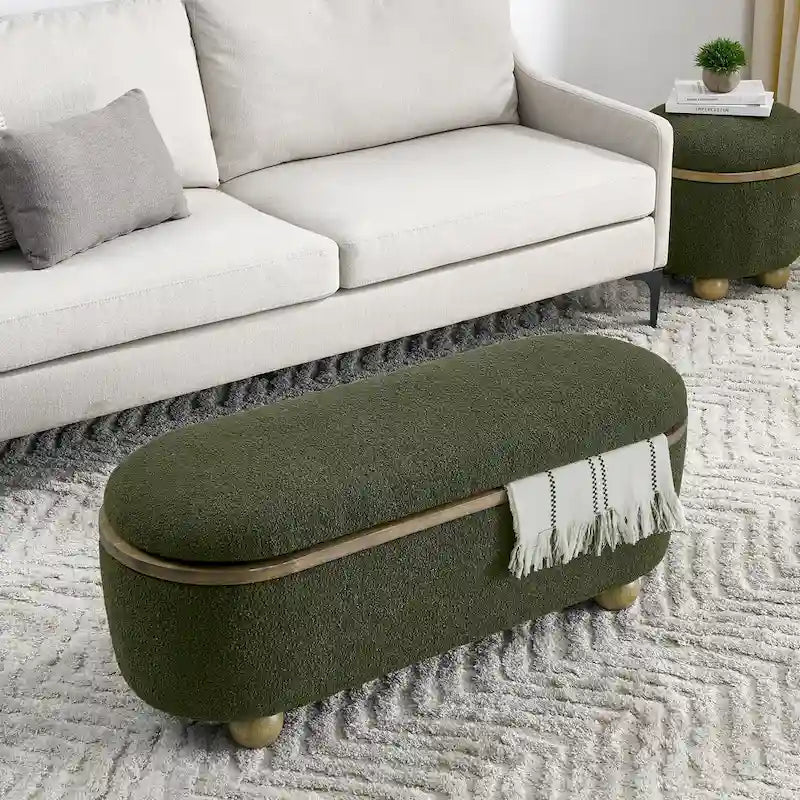 Banc de rangement ottoman en fil bouclé vert foncé avec pieds ovales en bois, pour 1 personne