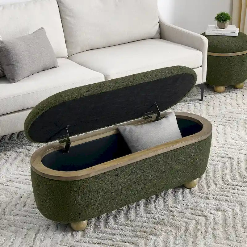 Banc de rangement ottoman en fil bouclé vert foncé avec pieds ovales en bois, pour 1 personne