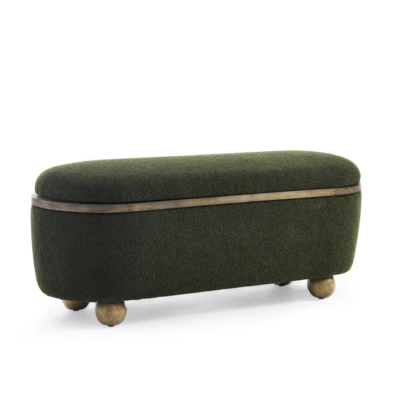 Banc de rangement ottoman en fil bouclé vert foncé avec pieds ovales en bois, pour 1 personne