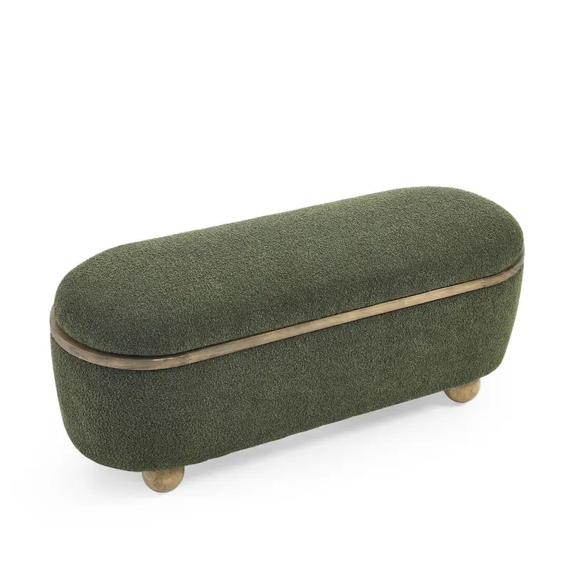 Banc de rangement ottoman en fil bouclé vert foncé avec pieds ovales en bois, pour 1 personne
