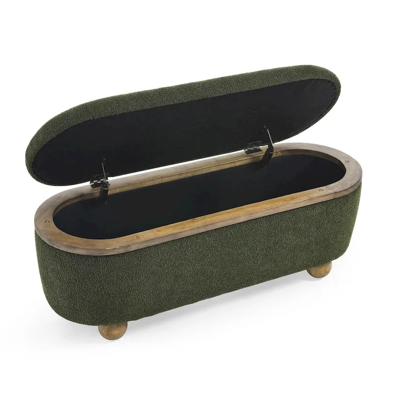 Banc de rangement ottoman en fil bouclé vert foncé avec pieds ovales en bois, pour 1 personne
