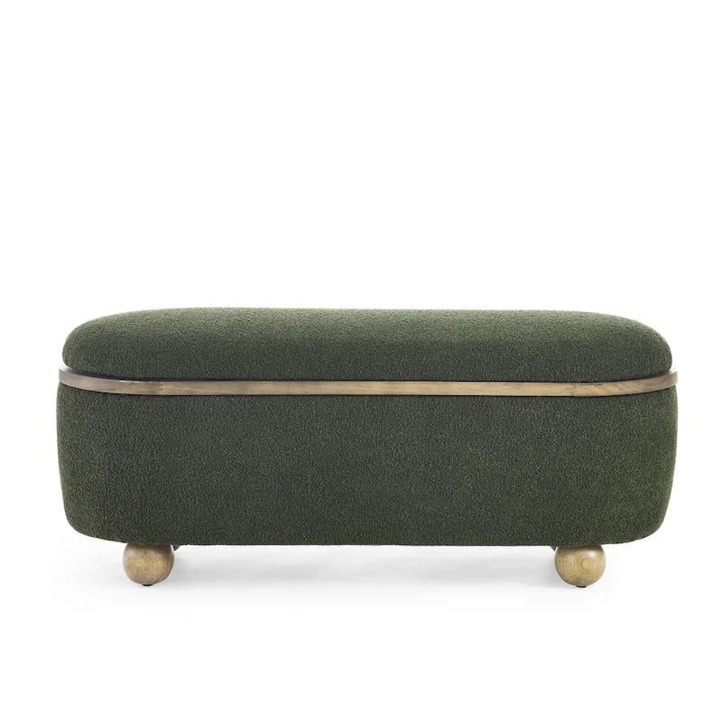 Banc de rangement ottoman en fil bouclé vert foncé avec pieds ovales en bois, pour 1 personne