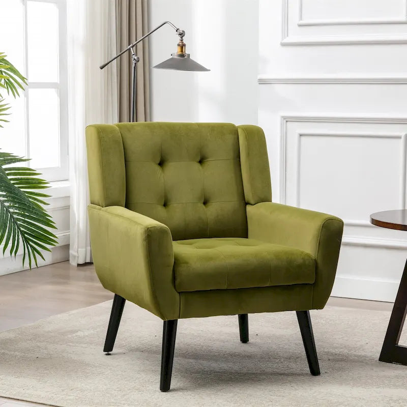 Fauteuil d'appoint en velours vert avec dossier incurvé et pieds en bois massif noir, 1 place