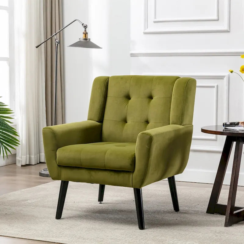 Fauteuil d'appoint en velours vert avec dossier incurvé et pieds en bois massif noir, 1 place