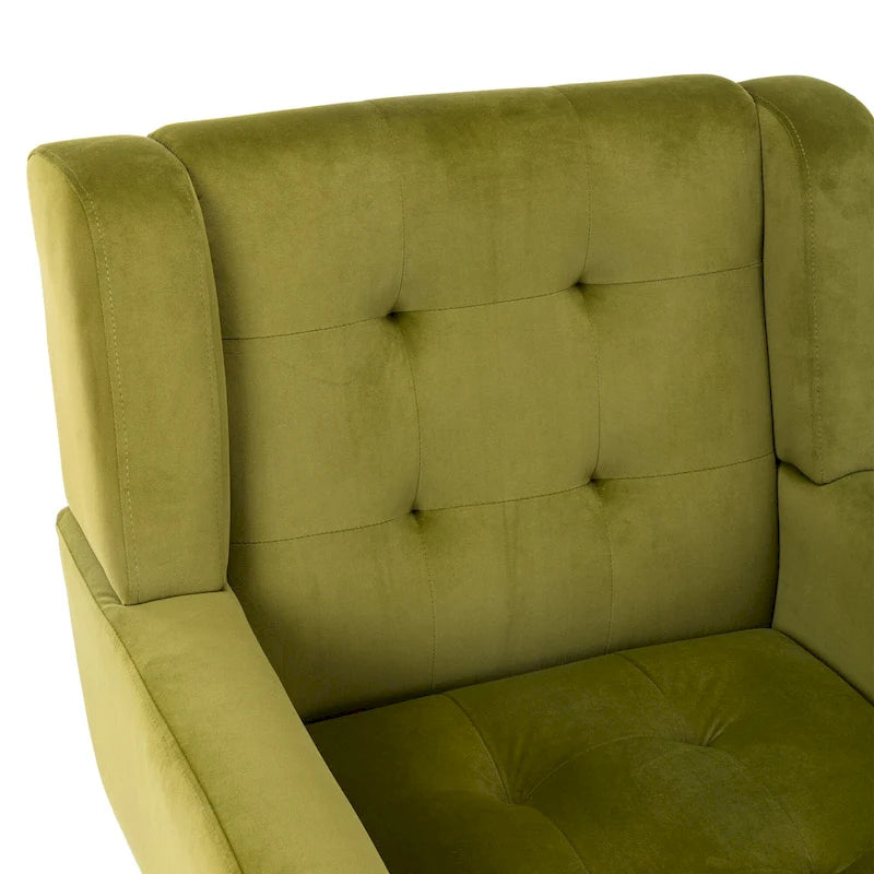 Fauteuil d'appoint en velours vert avec dossier incurvé et pieds en bois massif noir, 1 place