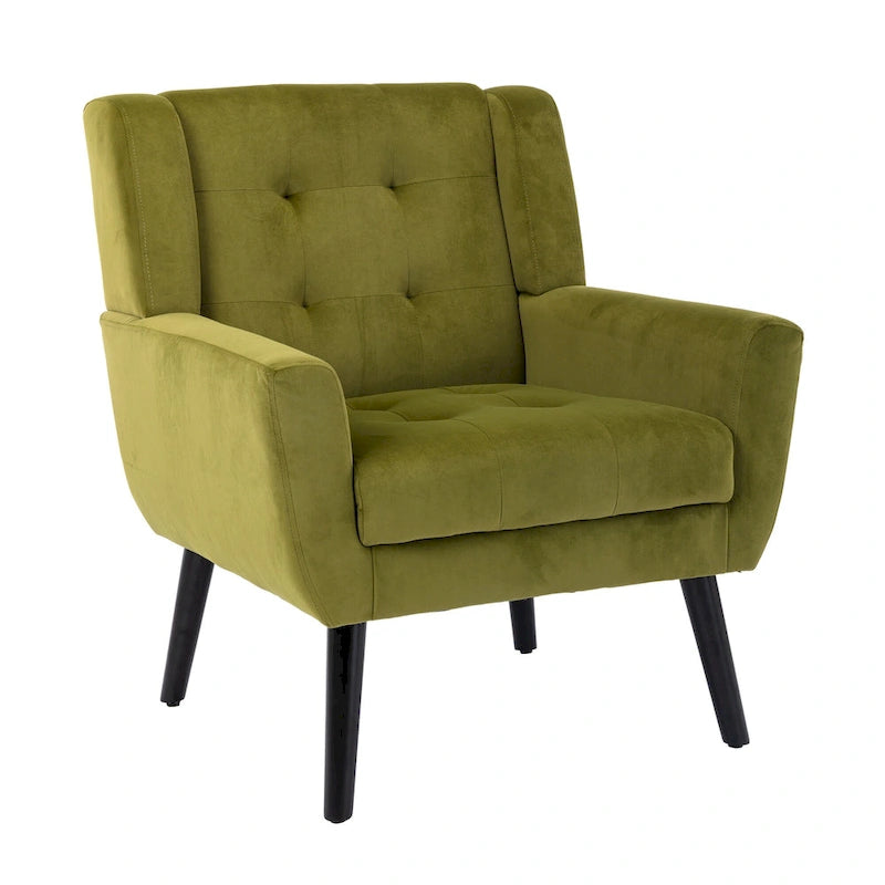 Fauteuil d'appoint en velours vert avec dossier incurvé et pieds en bois massif noir, 1 place