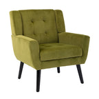 Fauteuil d'appoint en velours vert avec dossier incurvé et pieds en bois massif noir, 1 place