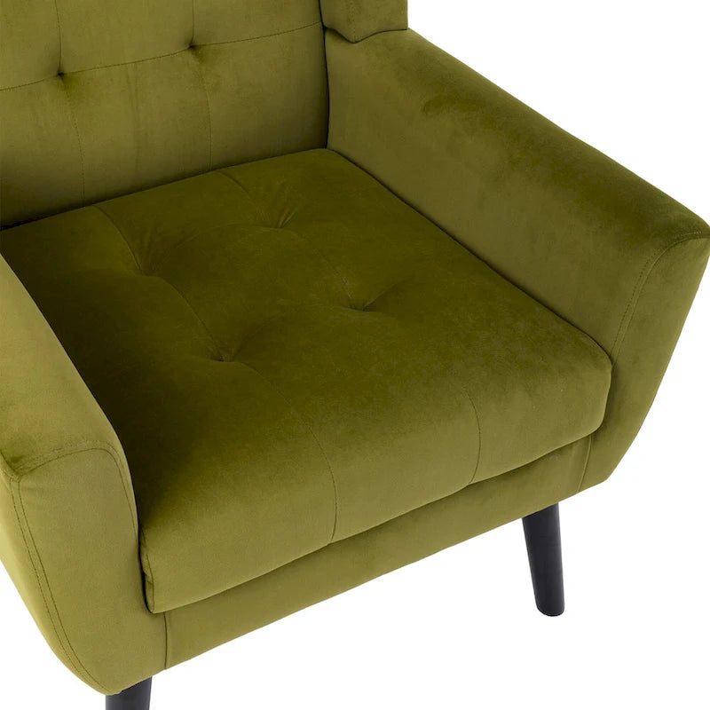 Fauteuil d'appoint en velours vert avec dossier incurvé et pieds en bois massif noir, 1 place