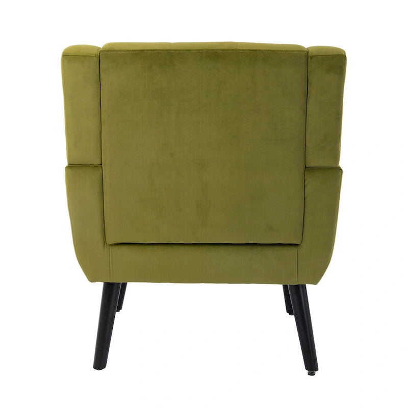 Fauteuil d'appoint en velours vert avec dossier incurvé et pieds en bois massif noir, 1 place
