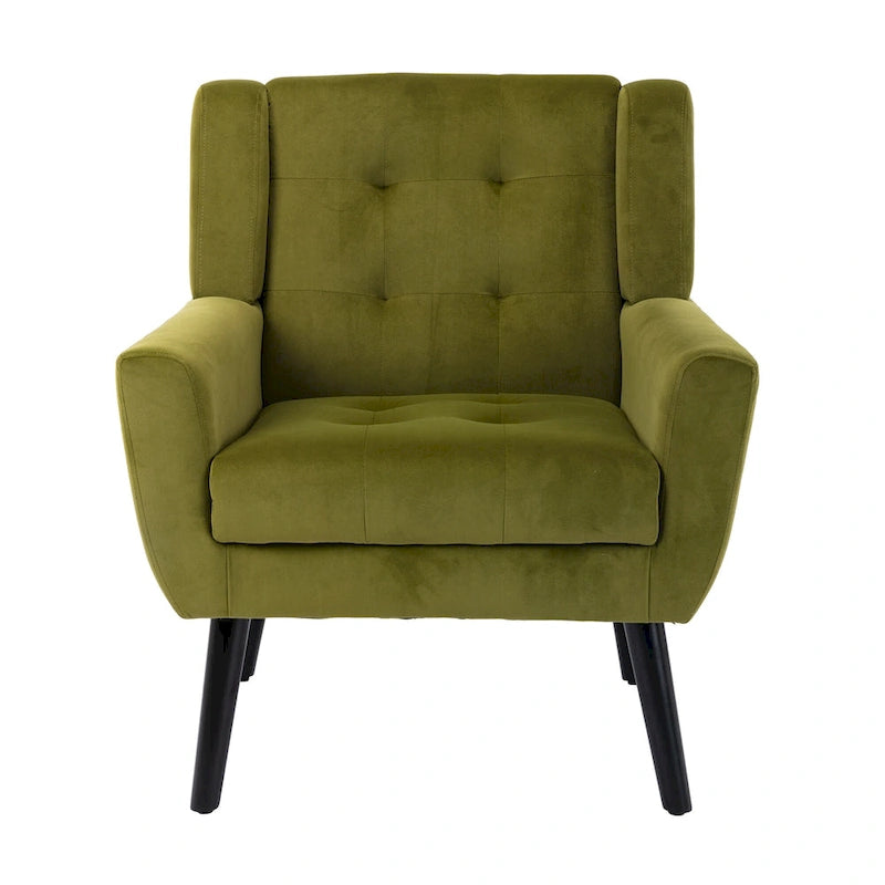 Fauteuil d'appoint en velours vert avec dossier incurvé et pieds en bois massif noir, 1 place