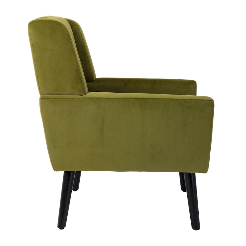 Fauteuil d'appoint en velours vert avec dossier incurvé et pieds en bois massif noir, 1 place