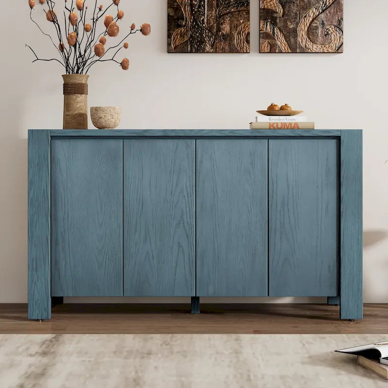 Buffet 4 portes bleu marine / noir / placage chêne naturel avec étagères réglables et passe-câbles, montage par 1 personne