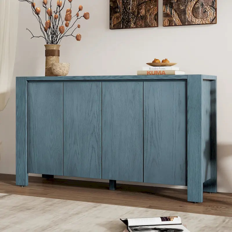 Buffet 4 portes bleu marine / noir / placage chêne naturel avec étagères réglables et passe-câbles, montage par 1 personne