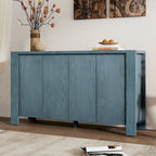 Buffet 4 portes bleu marine / noir / placage chêne naturel avec étagères réglables et passe-câbles, montage par 1 personne
