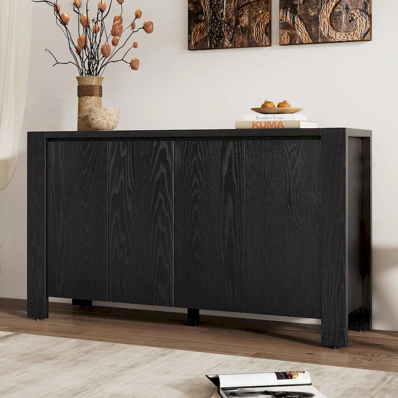 Buffet 4 portes bleu marine / noir / placage chêne naturel avec étagères réglables et passe-câbles, montage par 1 personne