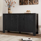 Buffet 4 portes bleu marine / noir / placage chêne naturel avec étagères réglables et passe-câbles, montage par 1 personne