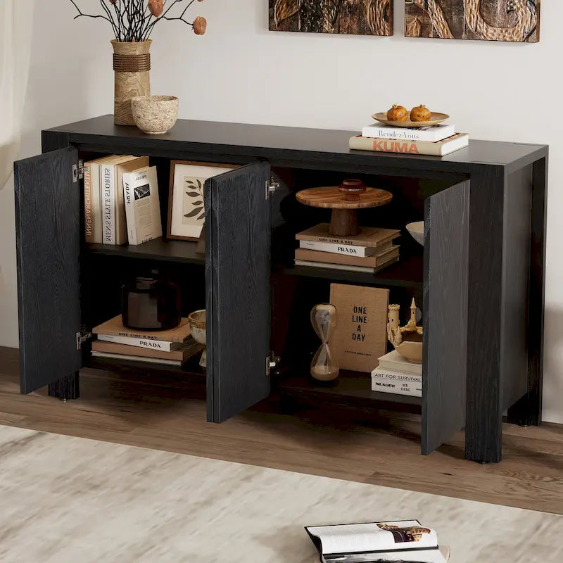 Buffet 4 portes bleu marine / noir / placage chêne naturel avec étagères réglables et passe-câbles, montage par 1 personne