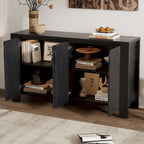 Buffet 4 portes bleu marine / noir / placage chêne naturel avec étagères réglables et passe-câbles, montage par 1 personne