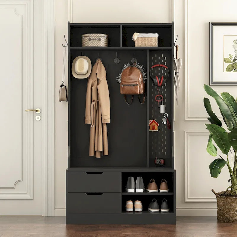 Meuble d'entrée 4-en-1 en MDF noir avec 6 patères, banc de rangement et étagères ouvertes, montage par 1 personne