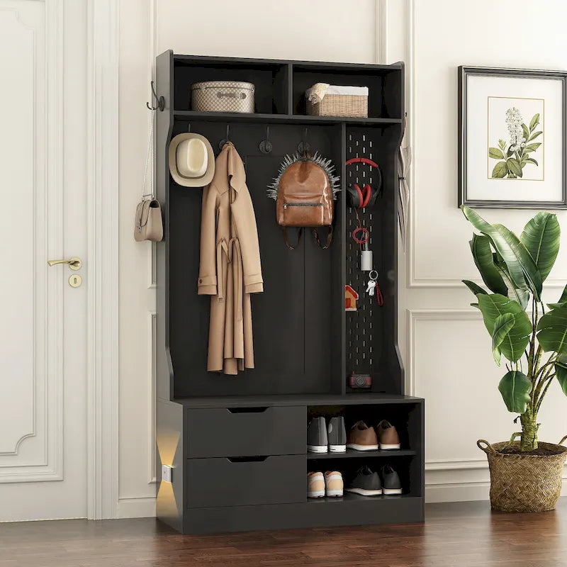 Meuble d'entrée 4-en-1 en MDF noir avec 6 patères, banc de rangement et étagères ouvertes, montage par 1 personne