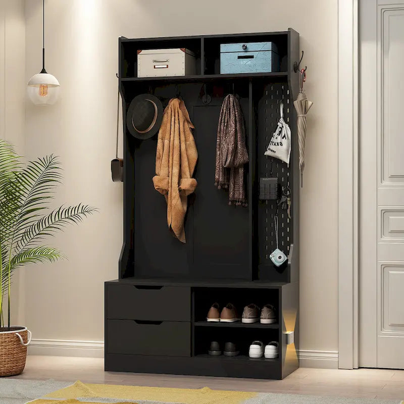 Meuble d'entrée 4-en-1 en MDF noir avec 6 patères, banc de rangement et étagères ouvertes, montage par 1 personne