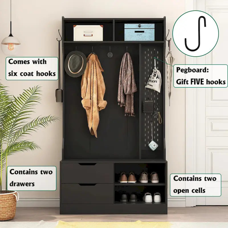 Meuble d'entrée 4-en-1 en MDF noir avec 6 patères, banc de rangement et étagères ouvertes, montage par 1 personne