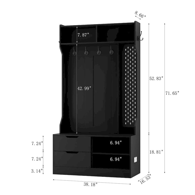 Meuble d'entrée 4-en-1 en MDF noir avec 6 patères, banc de rangement et étagères ouvertes, montage par 1 personne