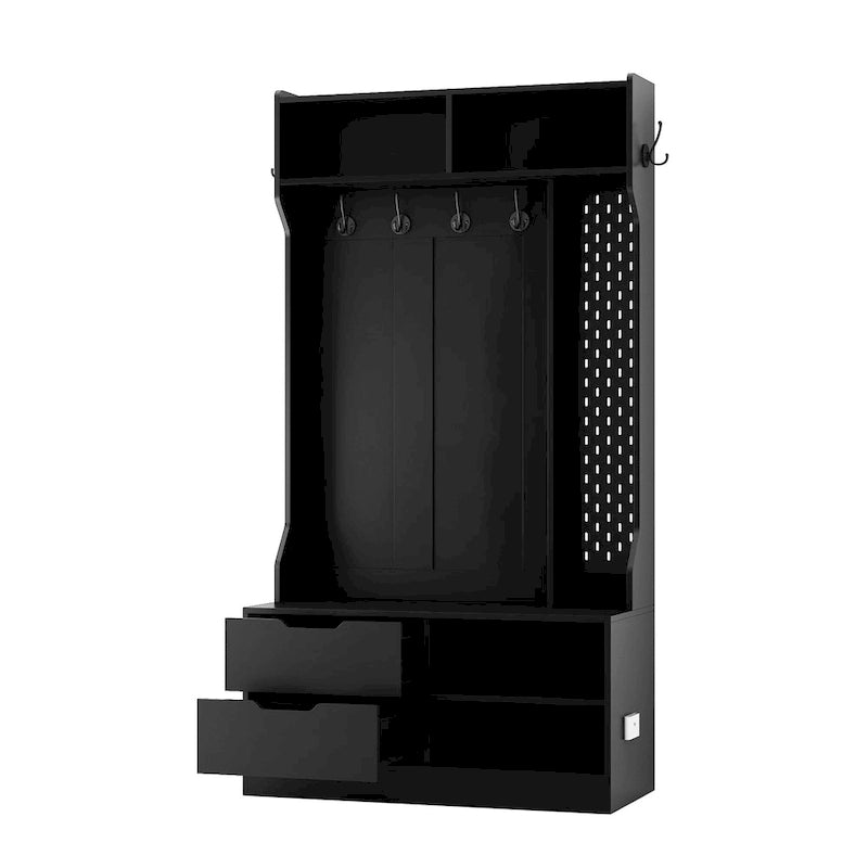 Meuble d'entrée 4-en-1 en MDF noir avec 6 patères, banc de rangement et étagères ouvertes, montage par 1 personne