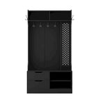 Meuble d'entrée 4-en-1 en MDF noir avec 6 patères, banc de rangement et étagères ouvertes, montage par 1 personne