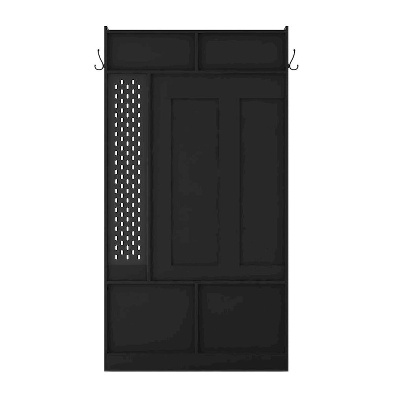 Meuble d'entrée 4-en-1 en MDF noir avec 6 patères, banc de rangement et étagères ouvertes, montage par 1 personne