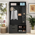 Meuble d'entrée 4-en-1 en MDF noir avec 6 patères, banc de rangement et étagères ouvertes, montage par 1 personne