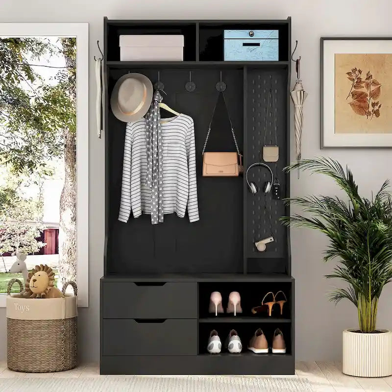 Meuble d'entrée 4-en-1 en MDF noir avec 6 patères, banc de rangement et étagères ouvertes, montage par 1 personne