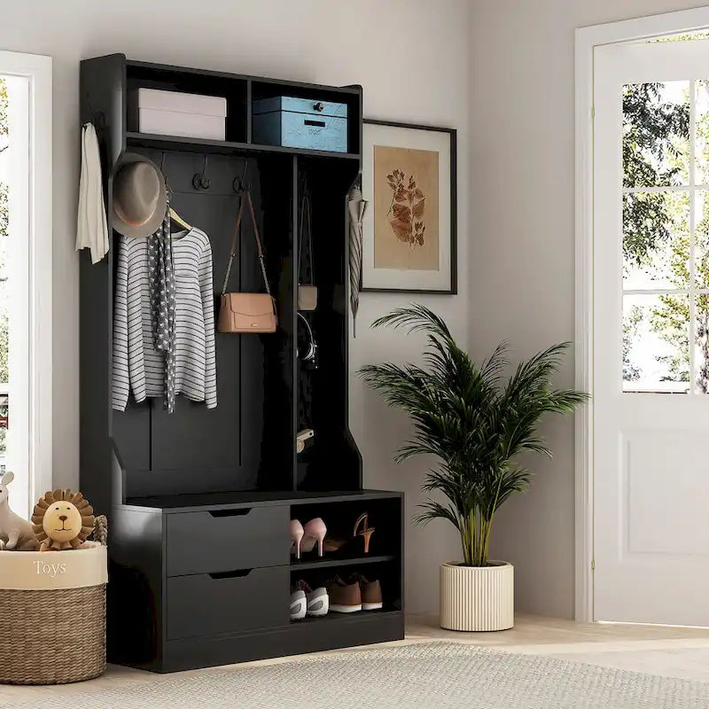 Meuble d'entrée 4-en-1 en MDF noir avec 6 patères, banc de rangement et étagères ouvertes, montage par 1 personne