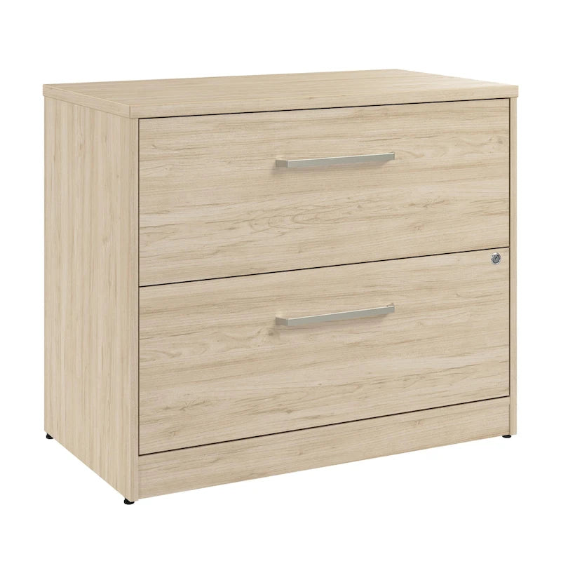 Classeur latéral à 2 tiroirs en orme naturel/noyer noir avec serrure et glissières à extension complète, assemblage par 1 personne