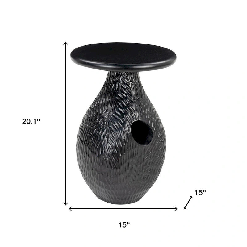 Table d'appoint ronde noire à piédestal, bois de manguier massif, aucun assemblage requis