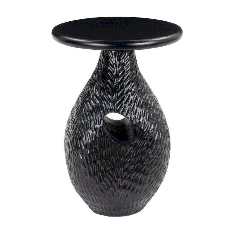 Table d'appoint ronde noire à piédestal, bois de manguier massif, aucun assemblage requis