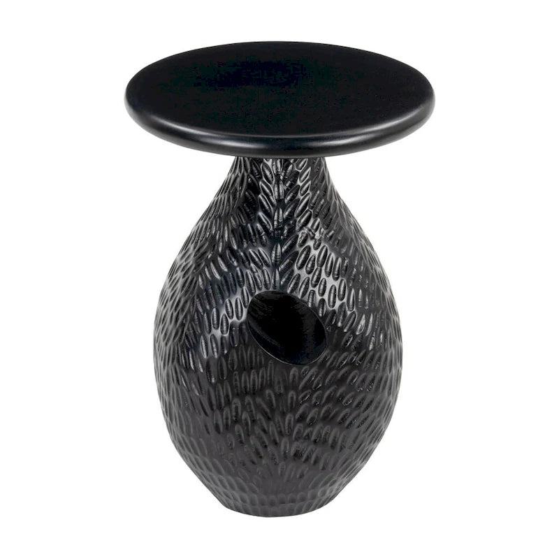 Table d'appoint ronde noire à piédestal, bois de manguier massif, aucun assemblage requis