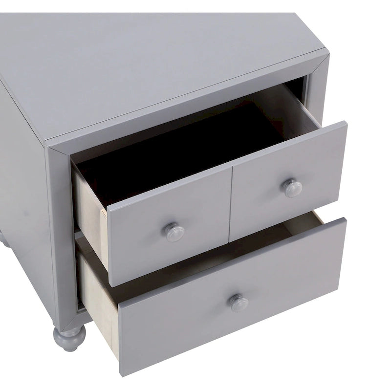 Table de chevet gris bois à 2 tiroirs avec queues d'aronde, glissières en métal et pieds tournés, assemblage par 1 personne