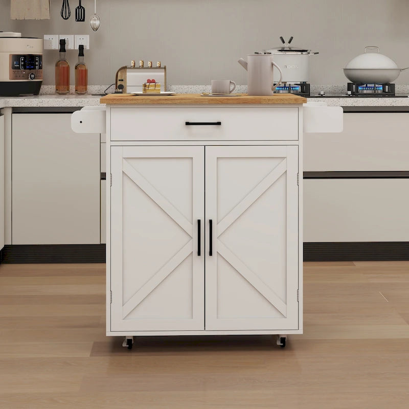 Desserte de cuisine blanche à roulettes avec plan de travail en bois d'hévéa, 1 tiroir, 2 portes et porte-serviettes, pour 1 personne