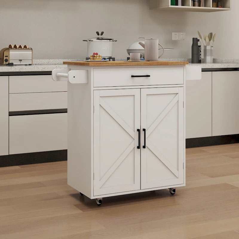 Desserte de cuisine blanche à roulettes avec plan de travail en bois d'hévéa, 1 tiroir, 2 portes et porte-serviettes, pour 1 personne
