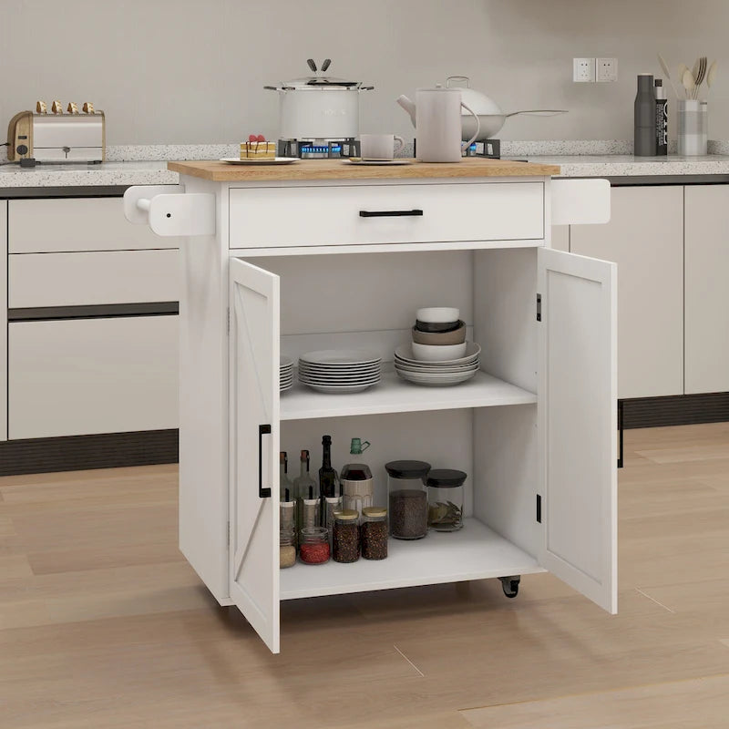 Desserte de cuisine blanche à roulettes avec plan de travail en bois d'hévéa, 1 tiroir, 2 portes et porte-serviettes, pour 1 personne