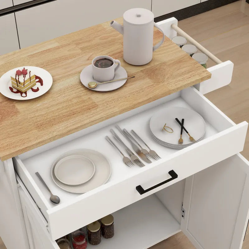 Desserte de cuisine blanche à roulettes avec plan de travail en bois d'hévéa, 1 tiroir, 2 portes et porte-serviettes, pour 1 personne