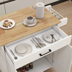Desserte de cuisine blanche à roulettes avec plan de travail en bois d'hévéa, 1 tiroir, 2 portes et porte-serviettes, pour 1 personne