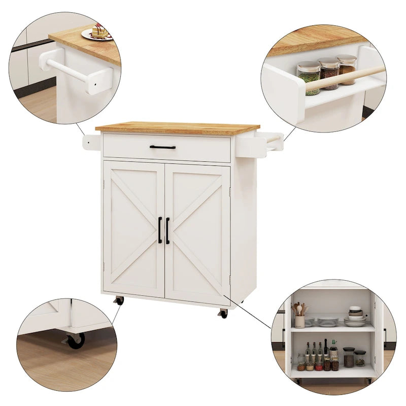 Desserte de cuisine blanche à roulettes avec plan de travail en bois d'hévéa, 1 tiroir, 2 portes et porte-serviettes, pour 1 personne